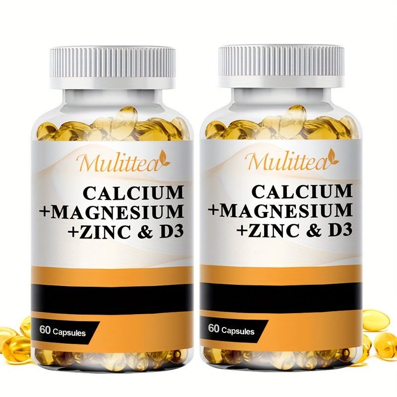 Calcium Magnesium Zinc & Vitamin D3 Capsules — 4-in-1 Synergistic Bone Strength Muscle & Immune Support | Daily Mineral Vitamin Complex for Women & Men | 120 Capsules | 2-Bottle Value Pack