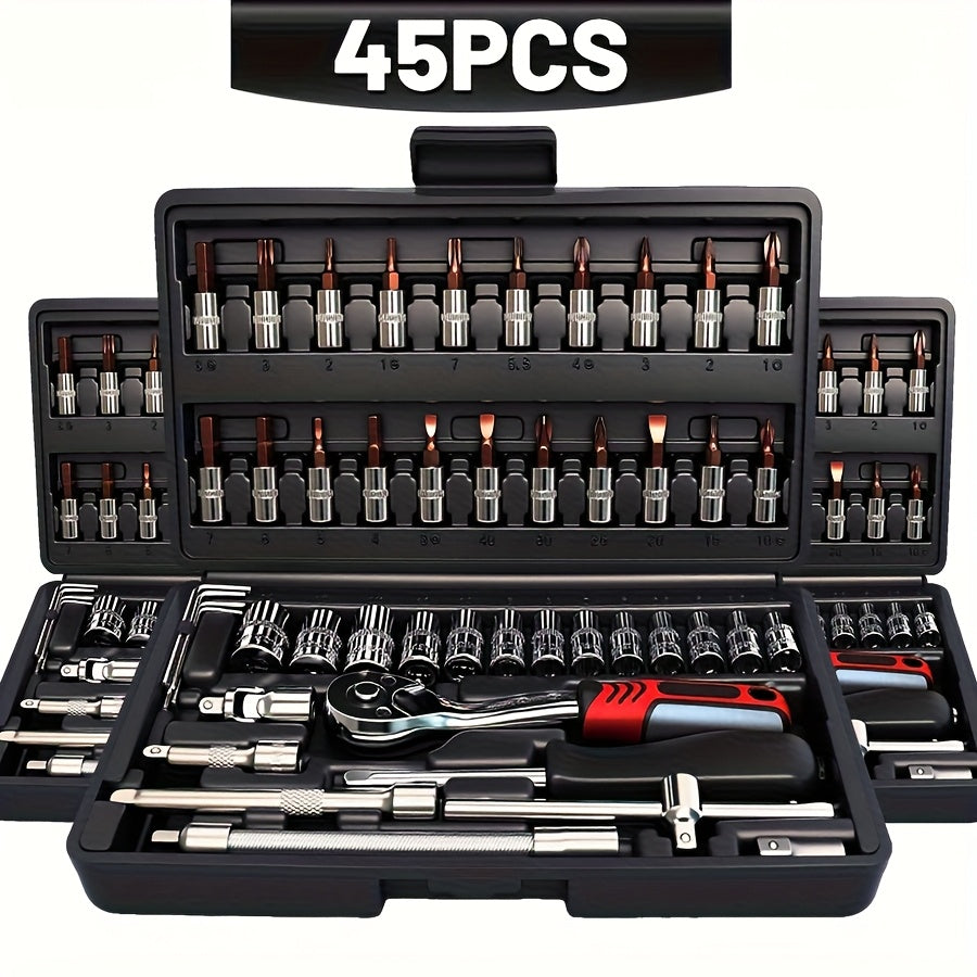 45/53pcs Tool Collection, Premium Professional Vehicle/Motorbike Repair Toolkit, 1/4 Inch Drive Deep And Standard Wrench Collection, Racing-Quality Vehicle Components Repair Ratchet Wrench And Additional Vehicle Repair Additions Toolkit