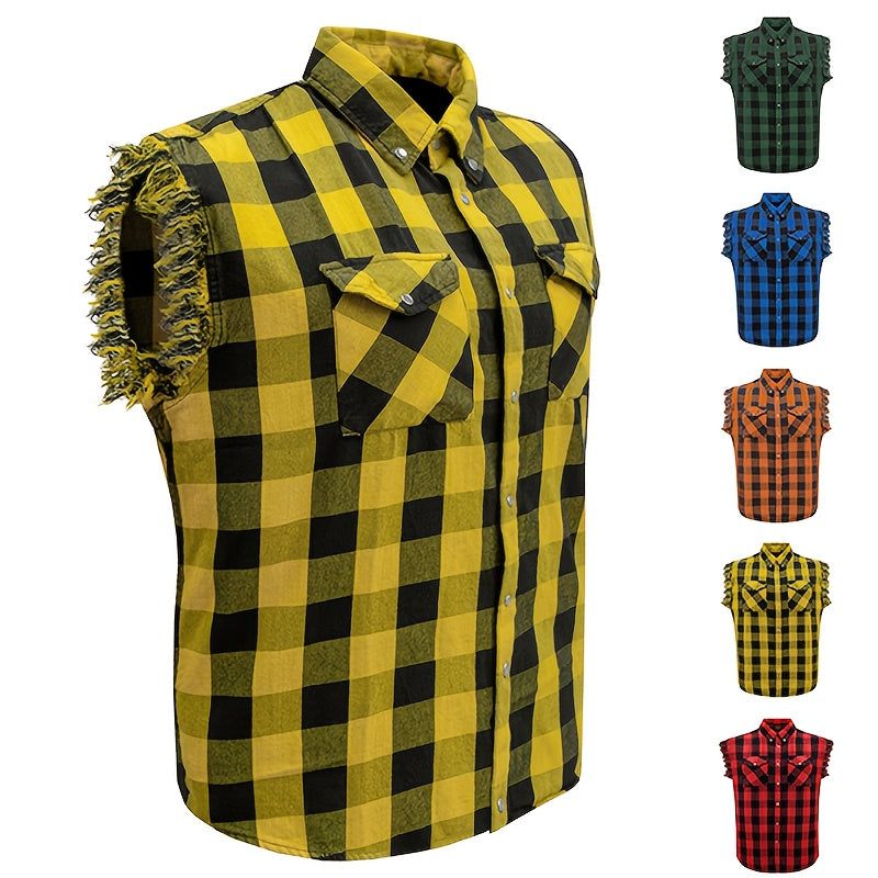 Men's Casual Sleeveless Plaid Cotton Shirt - All-Season Comfort, Classic Checkered Pattern, Single-Breasted Button-Up with Fringe Hem, Regular Fit for Streetwear, Beach & Vacation, Beach Attire, Streetstyle Apparel