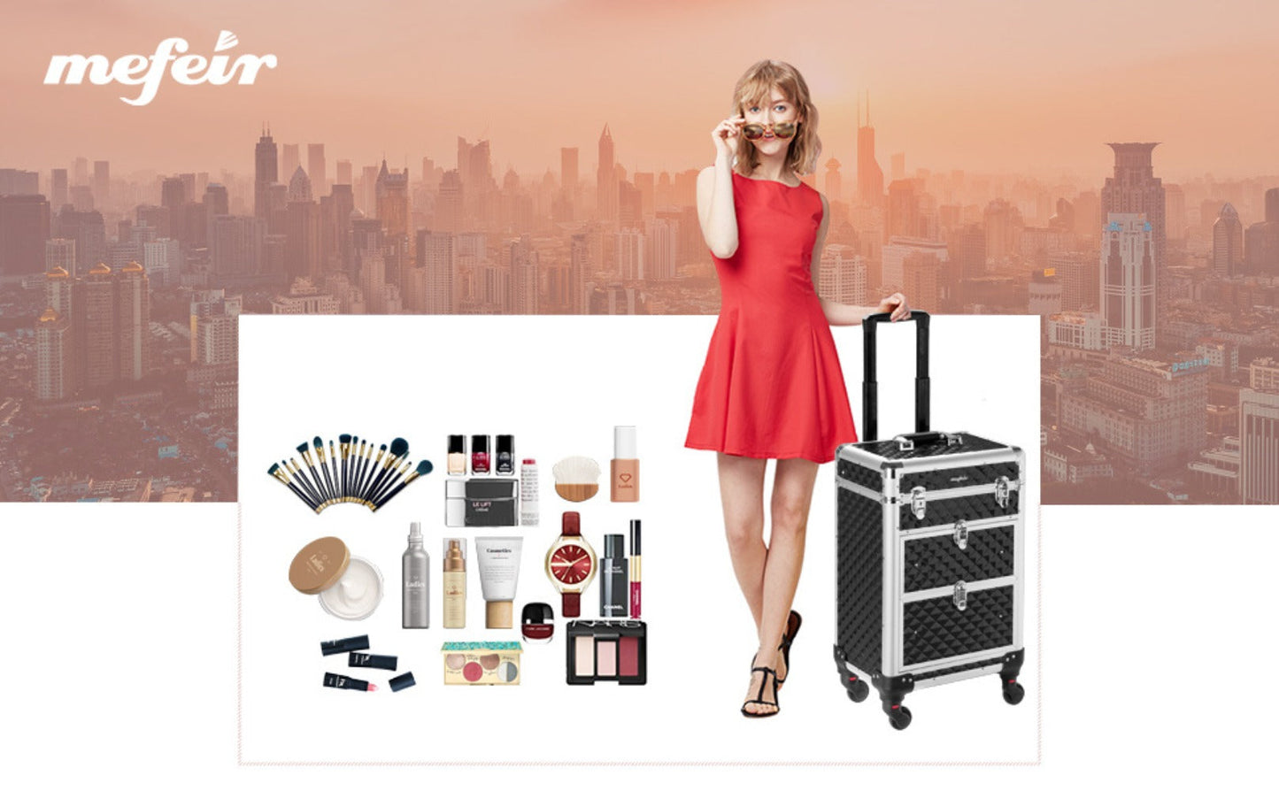 Makeup Train Case Rolling Aluminum Lockable Trolley with 4 Wheels 2 Sliding Drawers Telescopic Rod Portable Cosmetic Organizer Suitcase for Makeup Artists Salon Travel Beauty Storage Black