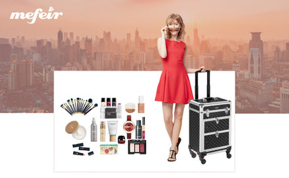 Makeup Train Case Rolling Aluminum Lockable Trolley with 4 Wheels 2 Sliding Drawers Telescopic Rod Portable Cosmetic Organizer Suitcase for Makeup Artists Salon Travel Beauty Storage Black
