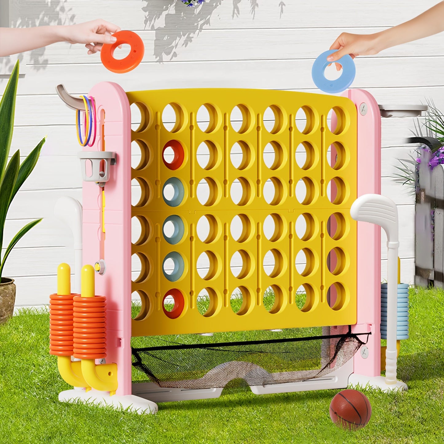 4-in-1 Giant Connect Four Game Set for Kids & Adults – Adjustable Height with Basketball Hoop, Golf Putting, Ring Toss & Jumbo 4-to-Score, Indoor Outdoor Family Party Game