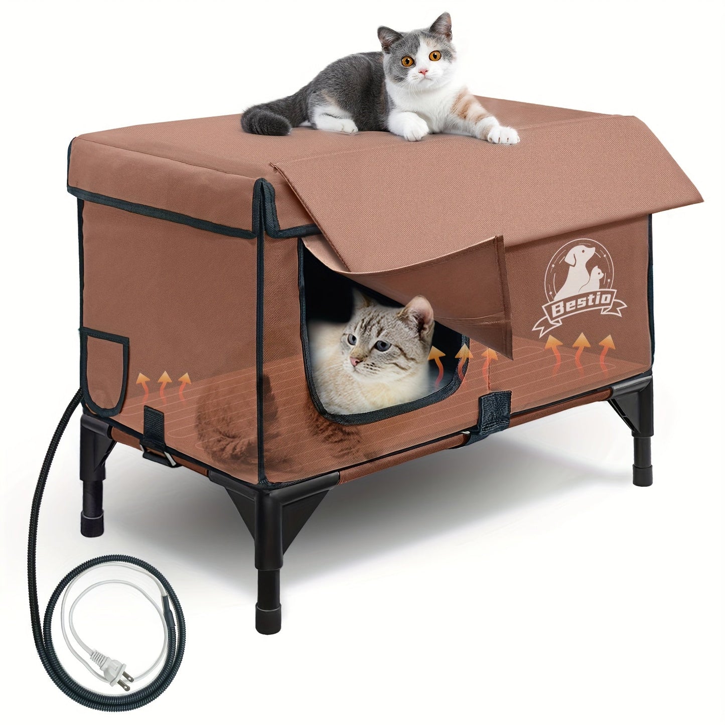 Heated Cat House 3-in-1 with Removable Warming Pad, Elevated Cat Bed for Indoor & Outdoor Cats, Chew-Resistant Cord, Double Door Cat Cave, All-Season Cat Shelter & Condo