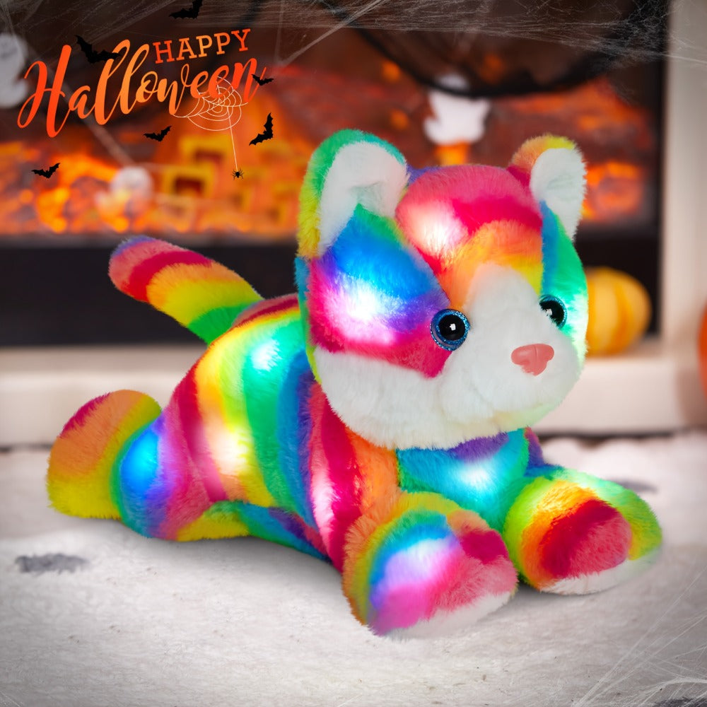 Glowing Rainbow Cat Stuffed Animal Plush Toy — Colorful LED Light Up Musical Soft Plush Kitten Doll for Kids Girls Boys | Birthday Christmas New Year Party Gift | Room & Party Decor