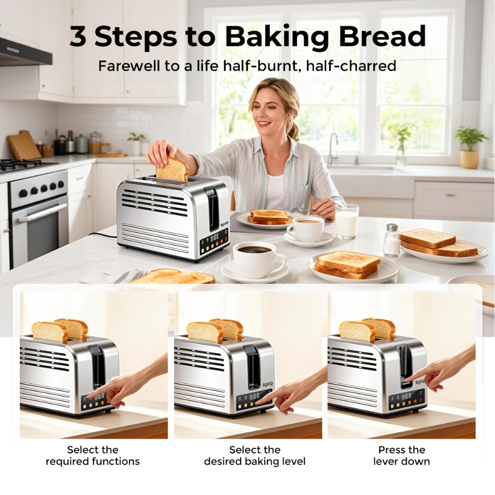Toaster 2-Slice Stainless Steel Smart Touchscreen – 5 Bread Types, 6 Browning Levels, Wide Slots, Temperature Control, Removable Crumb Tray, Compact Kitchen Toaster