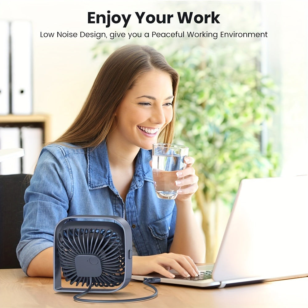 USB Desk Fan Portable, Small Personal Fan 3 Speed Settings 360° Rotation Silent Operation, Compact Lightweight USB Powered Cooling Fan for Home Office Dorm Bedroom Travel, Grey Blue Pink White