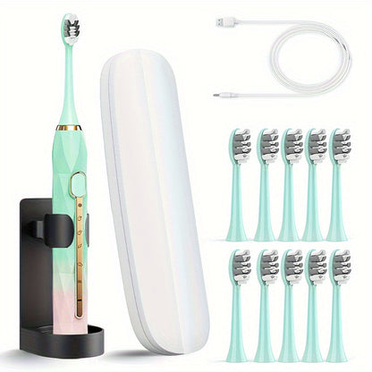 Sonic Electric Toothbrush IPX8 Waterproof USB Rechargeable with 10 Replacement Heads, Intelligent Timer, Travel Case & Charging Base – 5 Colors for Men & Women