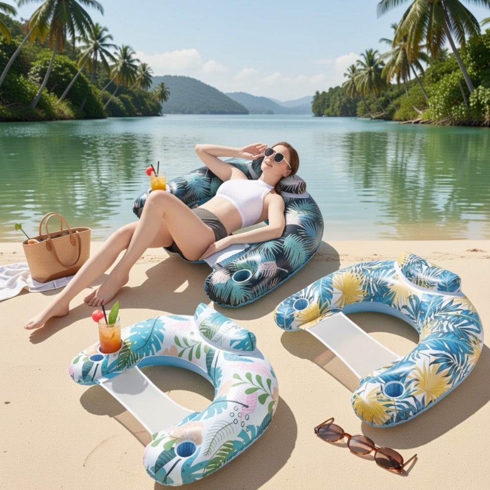 Striped Inflatable Pool Float for Adults – Heavy-Duty PVC Raft Lounge Chair with Cup Holders, Leak-Proof Design for Lake River Ocean Beach, Summer Pool Party Accessory