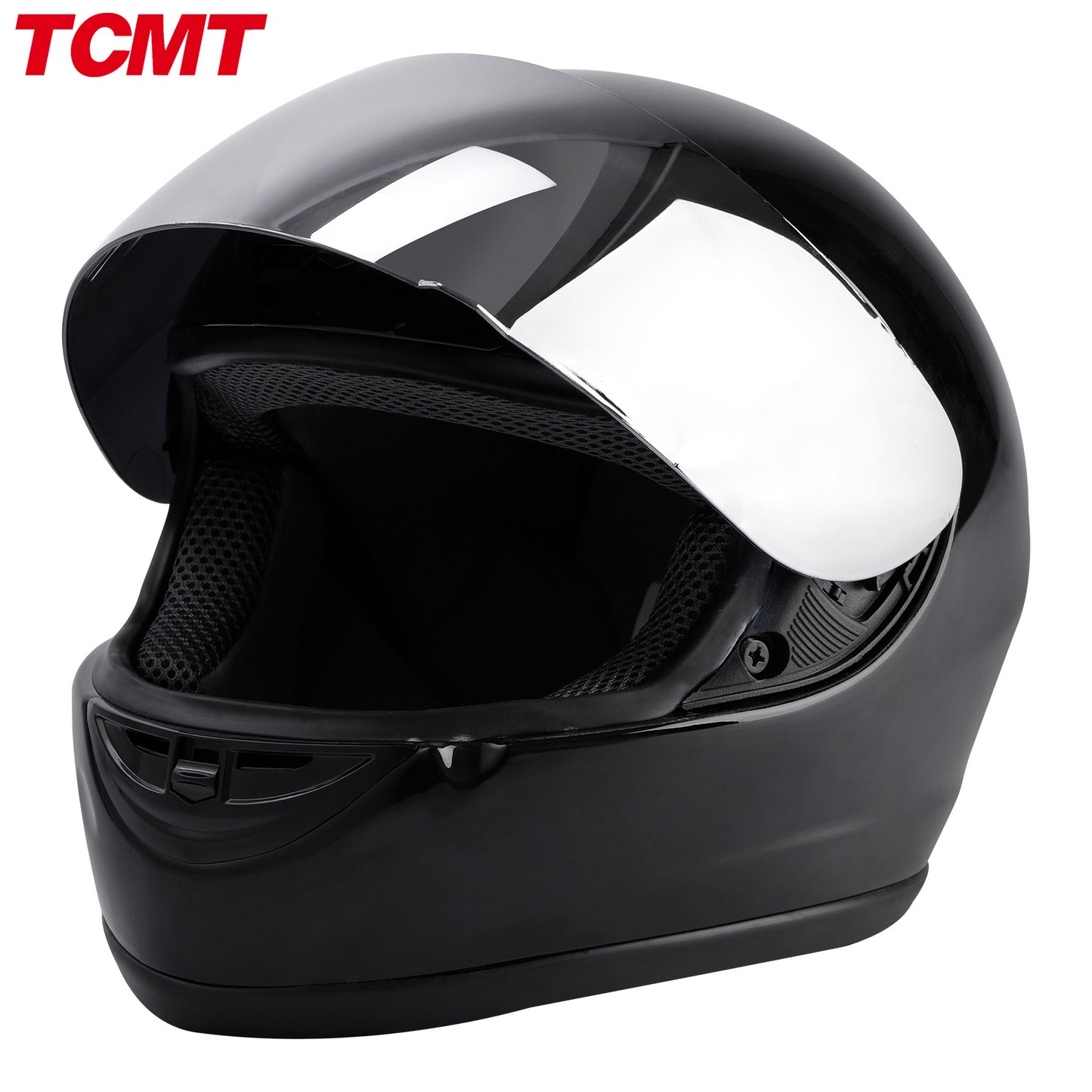 TCMT Motorcycle Mirror Shield Gloss Black FullFace DOT Adult Helmet Size S/M/L/XL