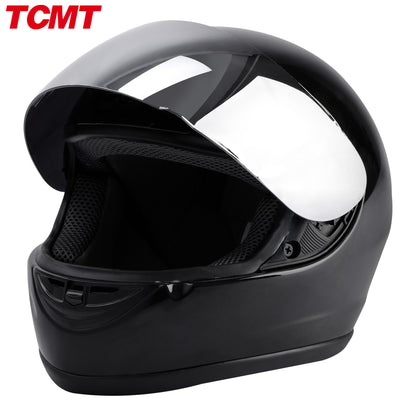 TCMT Motorcycle Mirror Shield Gloss Black FullFace DOT Adult Helmet Size S/M/L/XL