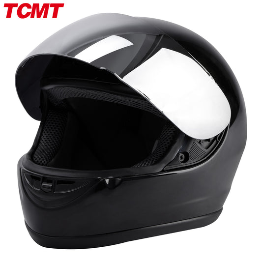 TCMT Motorcycle Mirror Shield Gloss Black FullFace DOT Adult Helmet Size S/M/L/XL
