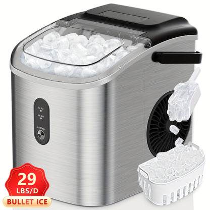 Portable Ice Maker Countertop – Bullet Ice Machine 26-29 Lbs Daily, 9 Ice Cubes in 6 Mins, Self-Cleaning, Quiet Under 45dB, with Handle, Basket & Scoop, for Home, Kitchen, Camping & RV