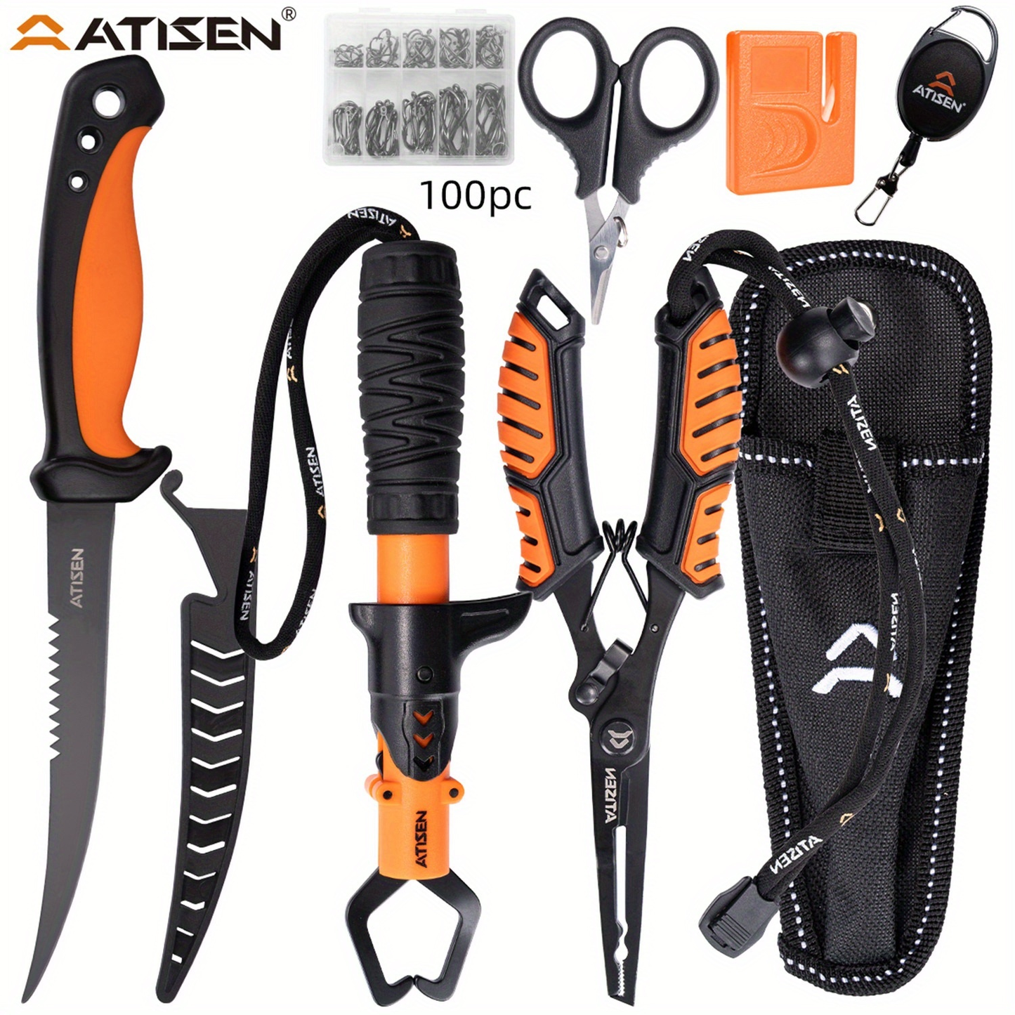 Fishing Knife Set 106PCS – Bait Knife, Luya Tongs, Knife Sharpener, Fishing Line Clippers & Anti-Loss Stretch Rope, Orange High-Visibility Fishing Tool Kit for Outdoor Camping Hiking, Best Gift for Men