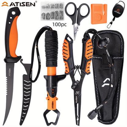 Fishing Knife Set 106PCS – Bait Knife, Luya Tongs, Knife Sharpener, Fishing Line Clippers & Anti-Loss Stretch Rope, Orange High-Visibility Fishing Tool Kit for Outdoor Camping Hiking, Best Gift for Men