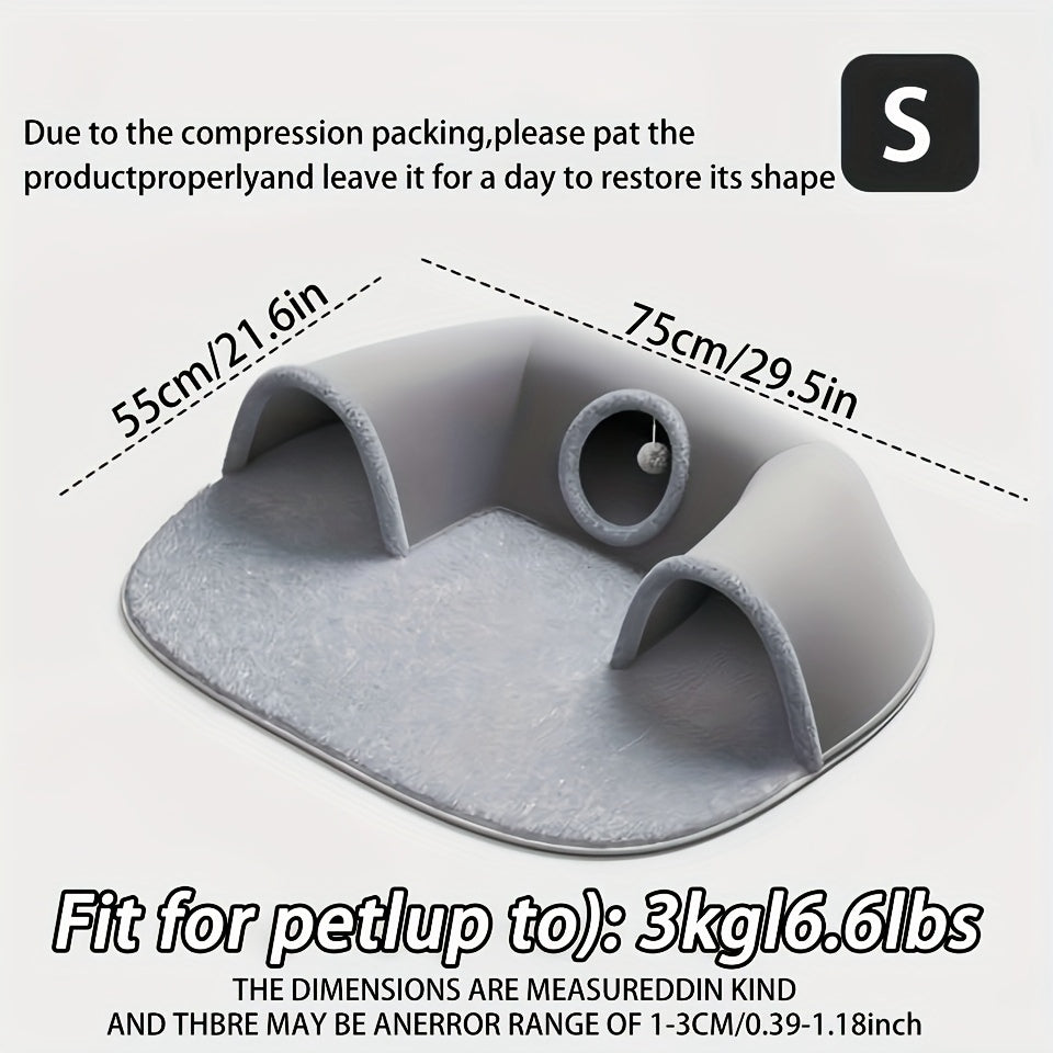 Cat Tunnel Bed 3-in-1 Play Mat & Warm Nest with Non-Slip Base, Durable Chew-Resistant Polyester Cat Bed for Indoor Cats, Soft Gray White Design, S & M Sizes for Cats Rabbits Hamsters
