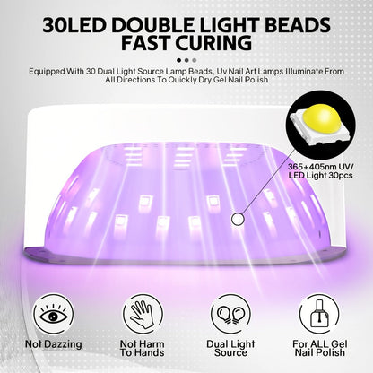 Rechargeable Wireless Nail Lamp 30 LED Beads 365+405nm UV Gel Curing Light 3 Timer Settings Infrared Sensor Portable Nail Dryer for All Gel Types Home Salon Use