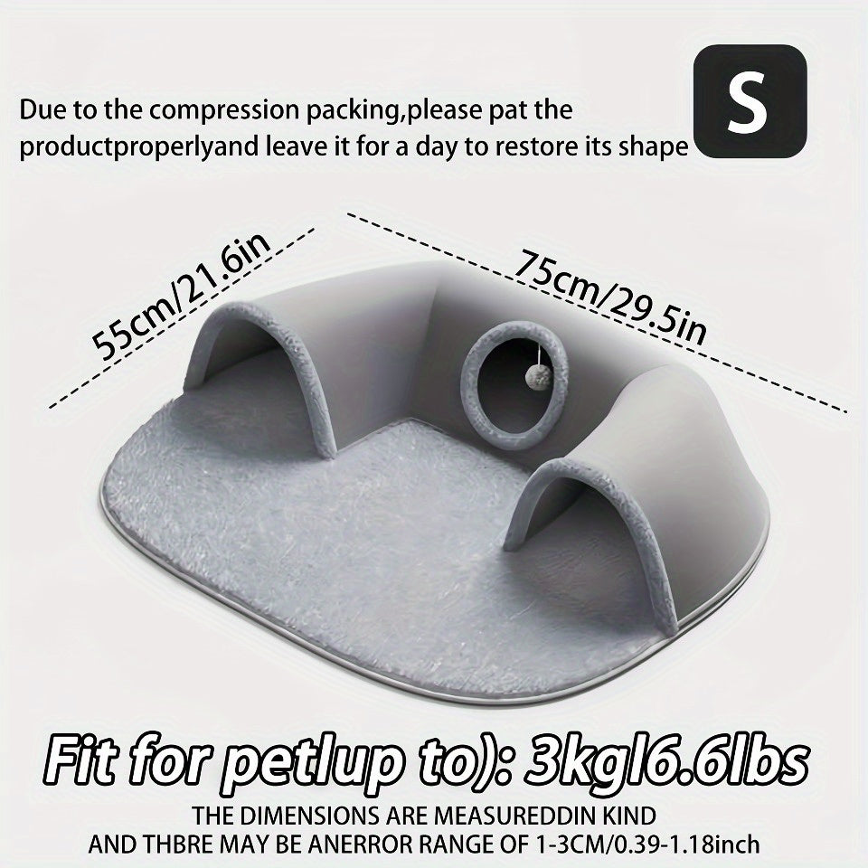 Cat Tunnel Bed 3-in-1 Play Mat & Warm Nest with Non-Slip Base, Durable Chew-Resistant Polyester Cat Bed for Indoor Cats, Soft Gray White Design, S & M Sizes for Cats Rabbits Hamsters