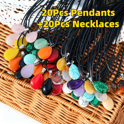 Crystal Pendant Necklace Set 40-Pack – Multicolor Water Droplet Artificial Crystal Pendants with Faux Leather Cord, Fashionable Chic Jewelry for Festival, Party & Everyday Wear, Gift Idea