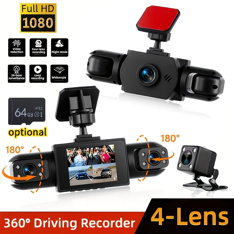 4-Channel Front/Rear/Left/Right, 2-inch IPS Screen, Dual Lens Camera Dash Cam 1080P, Suitable for Cars, Night Vision, Loop Recording, 24-Hour Parking Monitoring with G-Sensor/Motion Detection, Optional 64GB Memory Card, Vehicle Security Camera