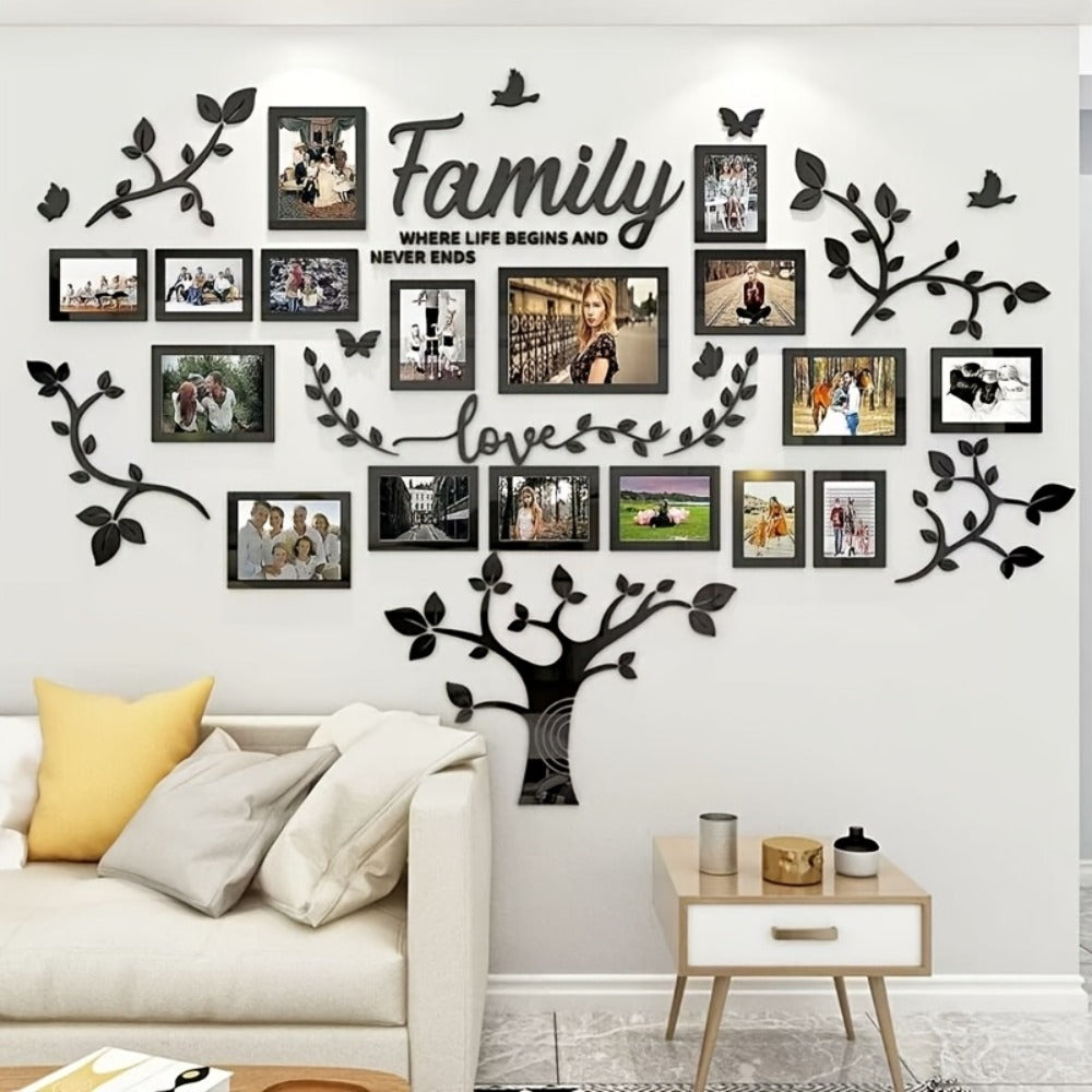 Family Tree Wall Sticker 3D Acrylic Photo Frame Collage – Removable Leaf-Shaped Picture Display with "Family" & "Love" Text, Peel & Stick Living Room Wall Decor, 81.5 x 57.48 Inches