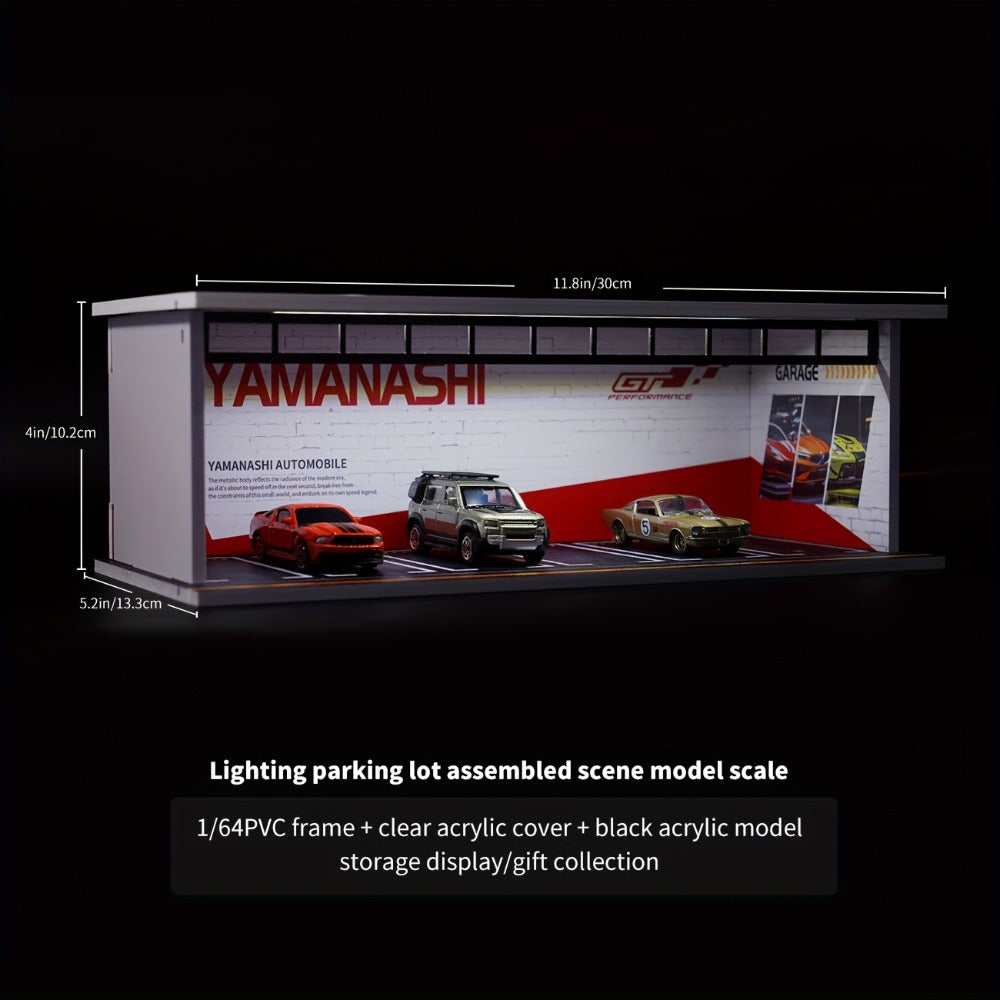 1/64 Scale Diecast Display Case with LED Light & Clear Acrylic Cover – Parking Garage Diorama Showcase with 6 Spaces for Die-Cast Model Cars, Collector Gift