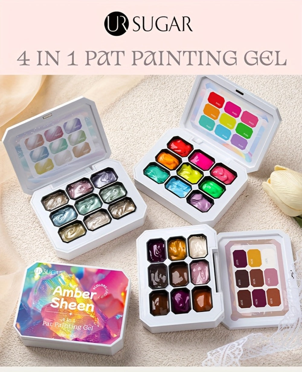 4-in-1 Pat Ombre Gel Nail Polish 9 Colors Gradient Stamping Painting Rub Powder – Solid Varnish for DIY French Manicure & Salon Nail Art, Chrome Glitter Effect for Women by UR SUGAR
