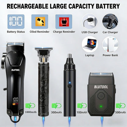 Hair Clipper & Trimmer Set 4-Piece for Men — Professional Barber Kit with Nose Trimmer, Detail Trimmer, Guide Comb, LED Display & USB Rechargeable, Home & Travel Grooming Gift