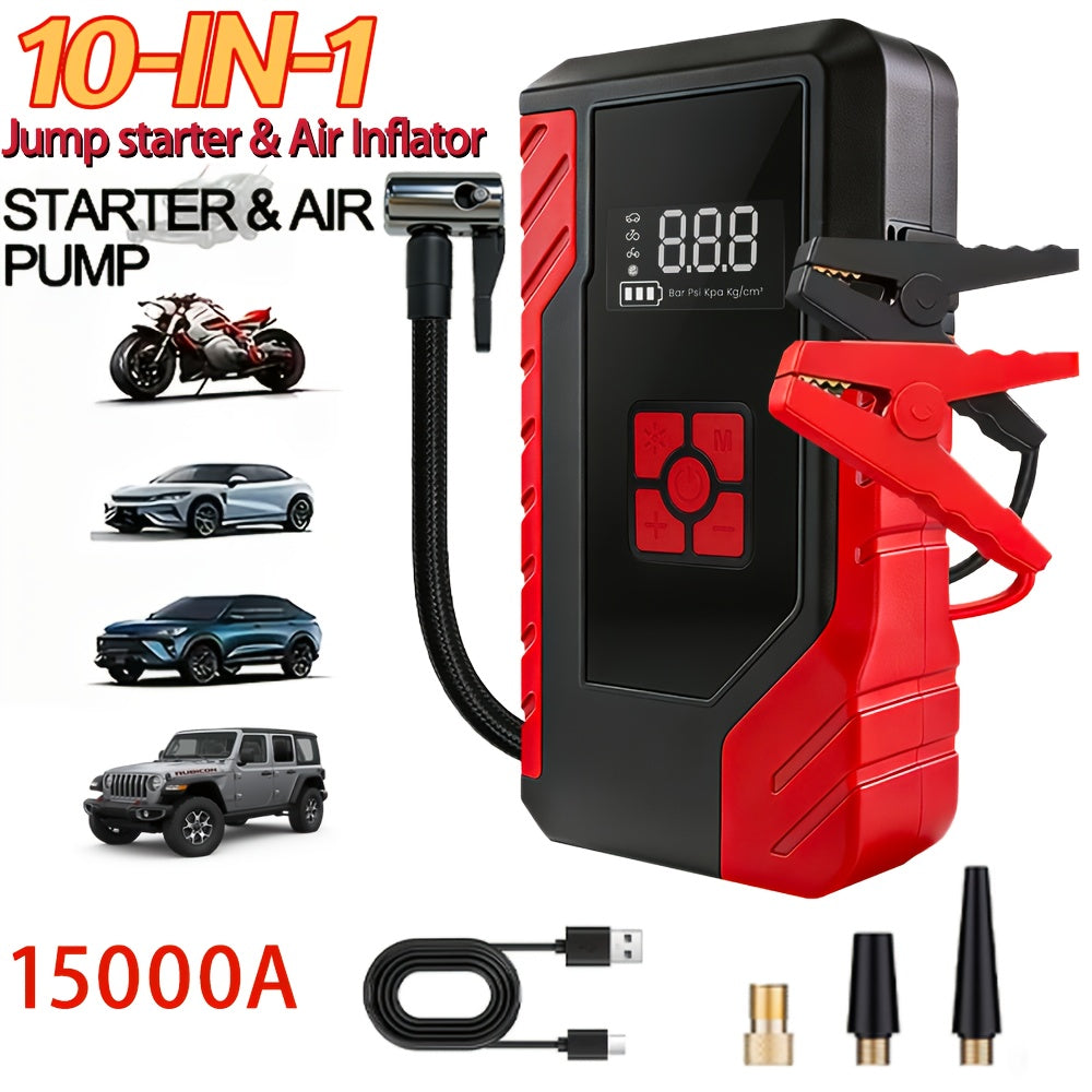 15000A Peak 250PSI, Portable Emergency Starter, Car Charger, USB Type-C, LED Emergency Lighting, 2.11 Gallons Gasoline/1.85 Gallons Diesel Fast Charging - Rechargeable Lithium Polymer Battery. Suitable As A Holiday Gift for Christmas And Halloween.