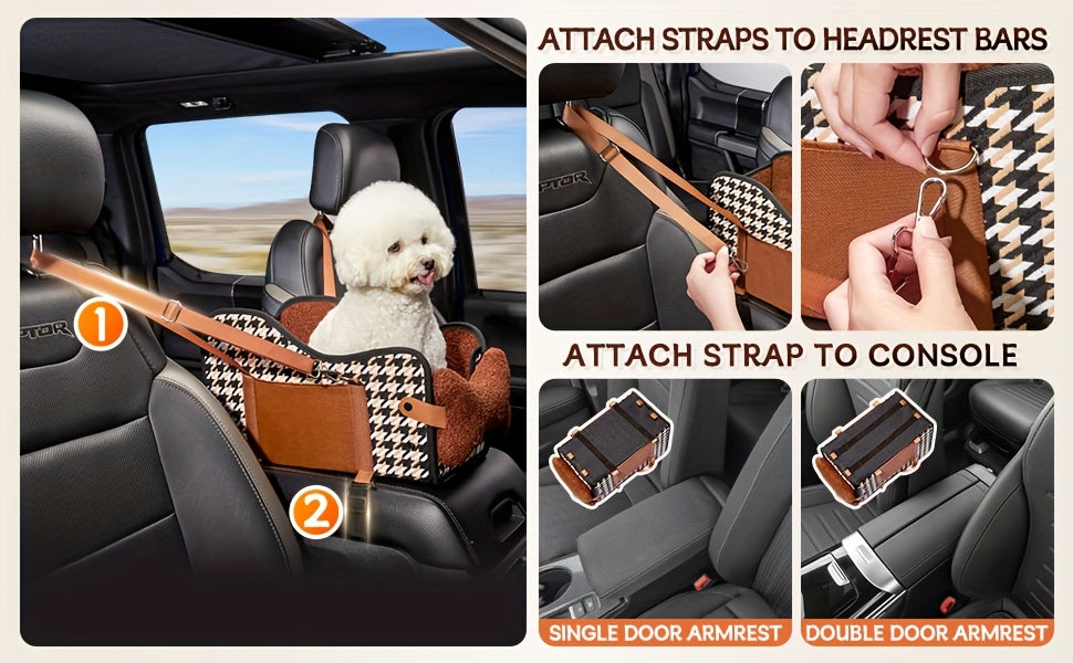 Comfortable Central Console Dog Car Seat, Portable Cozy Booster Car Seat, Deluxe Pet Car Seat for Dogs & Cats with Safety Harness, Breathable Mesh & Soft Padding - for Safe & Comfortable Trave