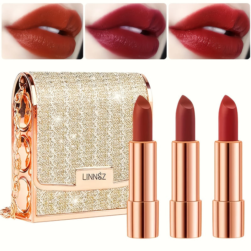 Matte Lipstick Gift Set 3 Pack Velvet Waterproof Long-Lasting Anti-Fading Intense Pigment Full Coverage Lip Color with Elegant Silvery Chain Bag for Women