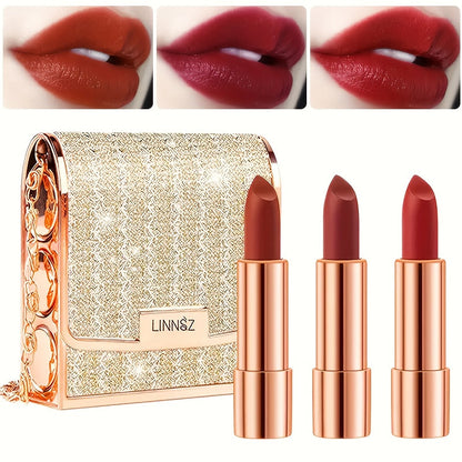 Matte Lipstick Gift Set 3 Pack Velvet Waterproof Long-Lasting Anti-Fading Intense Pigment Full Coverage Lip Color with Elegant Silvery Chain Bag for Women