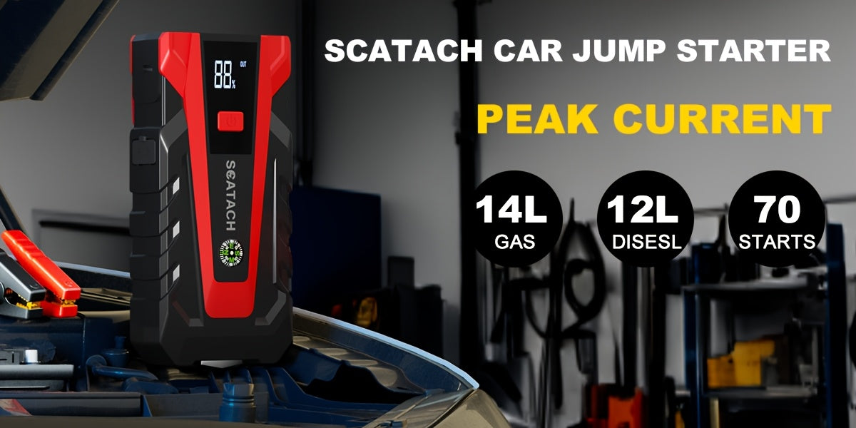 The Car Emergency Starter Power Supply Comes with A Digital Tire Pressure Gauge And Air Pump, A Window Breaker Hammer, And Is Suitable for 12V Cars, Trucks, SUV, Rvs, And Motorcycles. It Features A Multi-Functional Portable LED Display, SOS