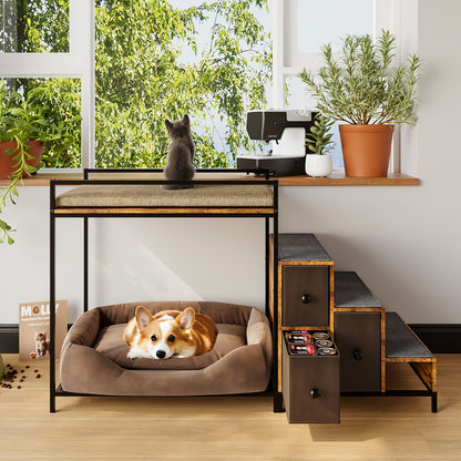 Cat Window Perch with Stairs & 3 Storage Drawers – Large Multi-Level Pet Bunk Bed Platform for Cats and Dogs, Foam Upholstered