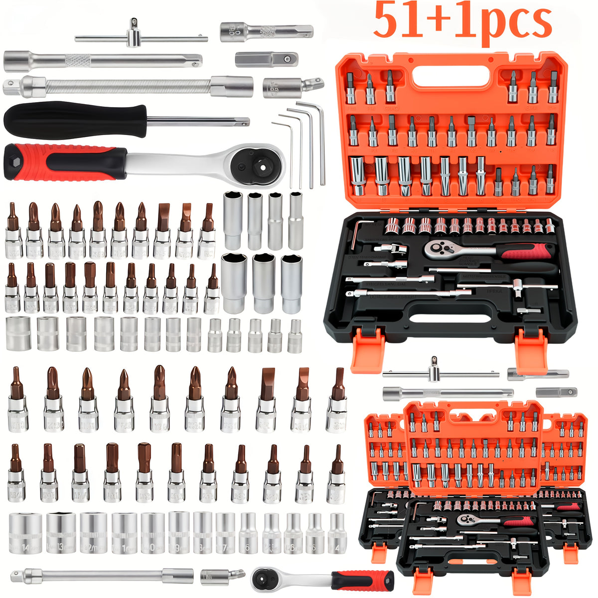 High-end Professional 43+3/44+2/51+1pc Of Tools, Car/icycle Repair Mechanical Set, Including 1/2 Inch 1/4 Inch 3/8 Inch Ratchet Socket Hex Wrench And Other Car Repair Accessories Tool Set, Suitable for Car Level Car Parts Repair.