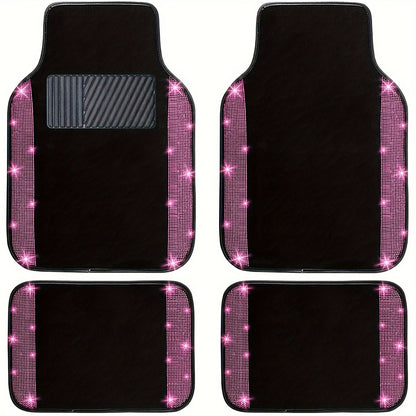 Bling Car Floor Mats Full Set – Rhinestone Sparkle Glitter Diamond Carpet, Universal Fit Cars SUV Trucks, 4pcs Anti-Slip Pad, Cute Car Accessories for Women & Girls
