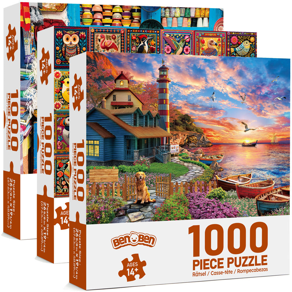1000 Piece Jigsaw Puzzles for Adults 3 Pack – Sunset Lighthouse, Bird Crochet & Moroccan Pottery Set, Precision-Cut Brain Teaser Family Puzzle, Birthday Christmas Gift for Women Men Puzzle Lovers