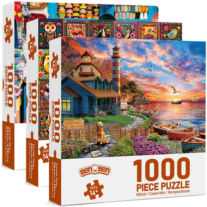 1000 Piece Jigsaw Puzzles for Adults 3 Pack – Sunset Lighthouse, Bird Crochet & Moroccan Pottery Set, Precision-Cut Brain Teaser Family Puzzle, Birthday Christmas Gift for Women Men Puzzle Lovers