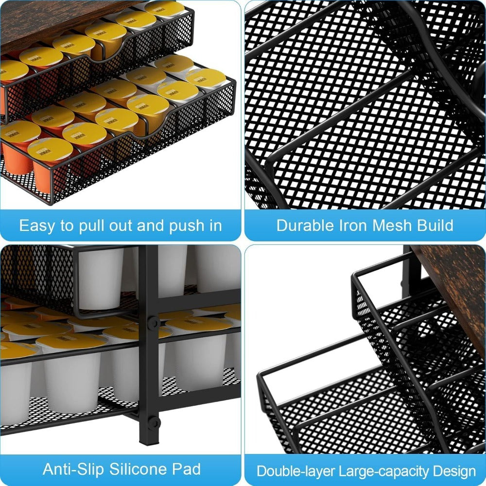 K-Cup Coffee Pod Holder 72 Capacity – 2-Tier Sliding Drawer Coffee Pod Organizer with Wood Top & Metal Frame, Non-Slip Base, Stackable Countertop Storage for Home, Office & Cafe – Silver