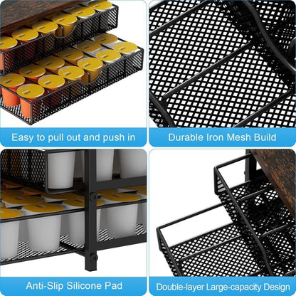 K-Cup Coffee Pod Holder 72 Capacity – 2-Tier Sliding Drawer Coffee Pod Organizer with Wood Top & Metal Frame, Non-Slip Base, Stackable Countertop Storage for Home, Office & Cafe – Silver