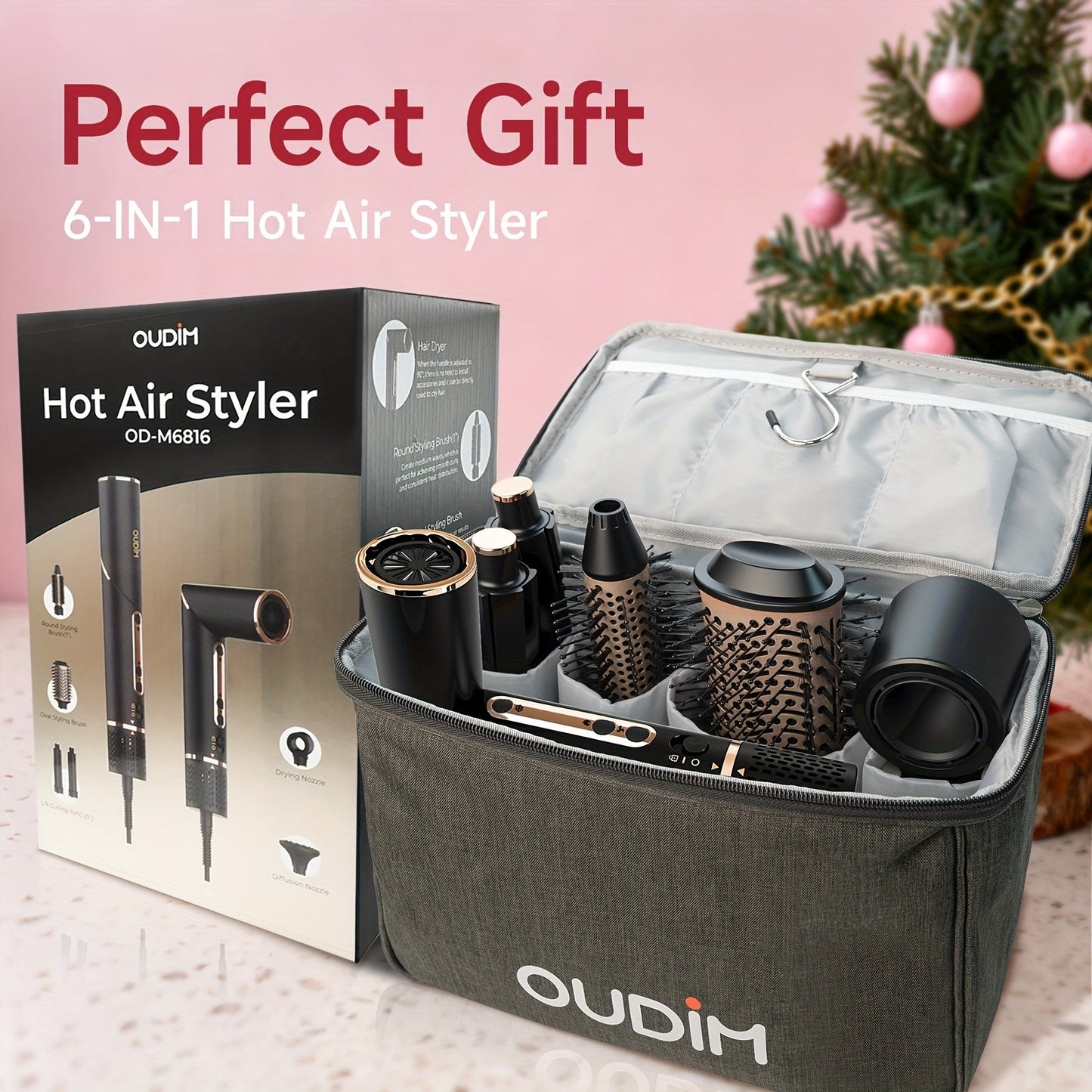 Hot Air Brush 6-in-1 Negative Ion Hair Dryer Brush & Styler 110000 RPM High-Speed Blow Dryer with Curling Iron Straightener Auto-Winding Curler Foldable Handle Storage Bag