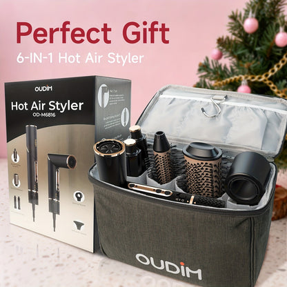 Hot Air Brush 6-in-1 Negative Ion Hair Dryer Brush & Styler 110000 RPM High-Speed Blow Dryer with Curling Iron Straightener Auto-Winding Curler Foldable Handle Storage Bag