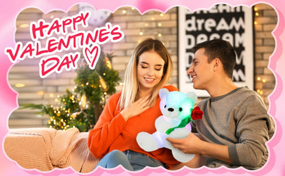 Rose Bear Plush with LED Light Glowing White Bear with Flowers Romantic Stuffed Animal Gift for Her Women Girls Girlfriend Mom Valentine's Day Mother's Day Birthday Anniversary