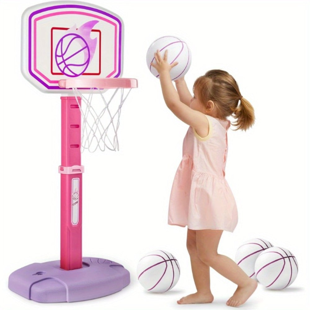 Toddler Basketball Hoop Adjustable Height 2.5-3.5ft Kids Basketball Goal with 4 Balls Air Pump Indoor Outdoor Sports Toy for Boys Girls Ages 1-6 Birthday Christmas Easter Gift Pink Purple