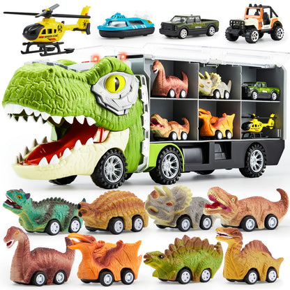 Dinosaur Truck Toy Set 13 PCS – Transport Carrier Truck with Lights & Sounds + 8 Pull-Back Cars + 3 Die-Cast Dino Vehicles + Helicopter | Friction Powered Dinosaur Toy for Boys Ages 3+ | Best Birthday Christmas Gift