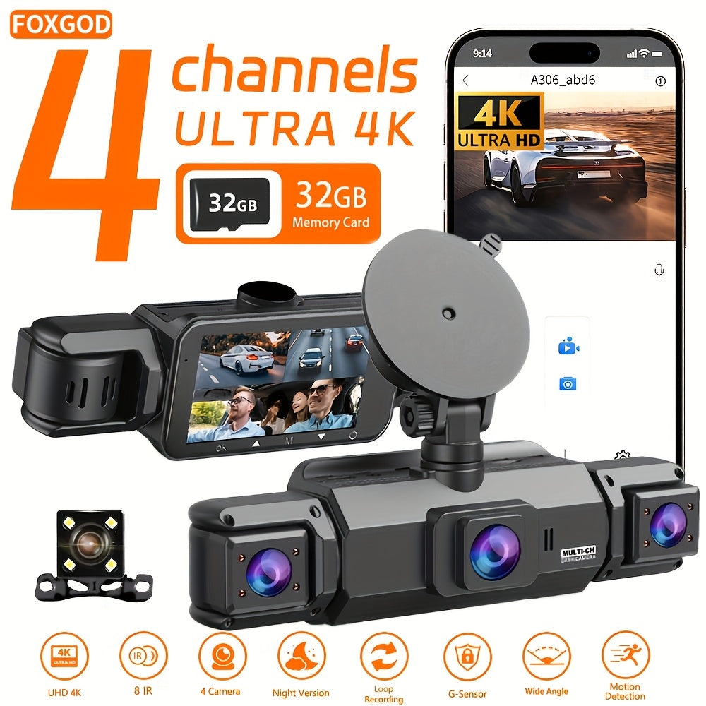 4K Car DVR 360° Rotary Driving Recorder | No Memory Card/Free 32GB Memory Card | Night Vision | 4-channel Car Camera Front 4K | Back Left Right 3 Cameras Are 1080P Recording | 24-hour Cycle Recording And Parking Monitoring, Rearview Camera