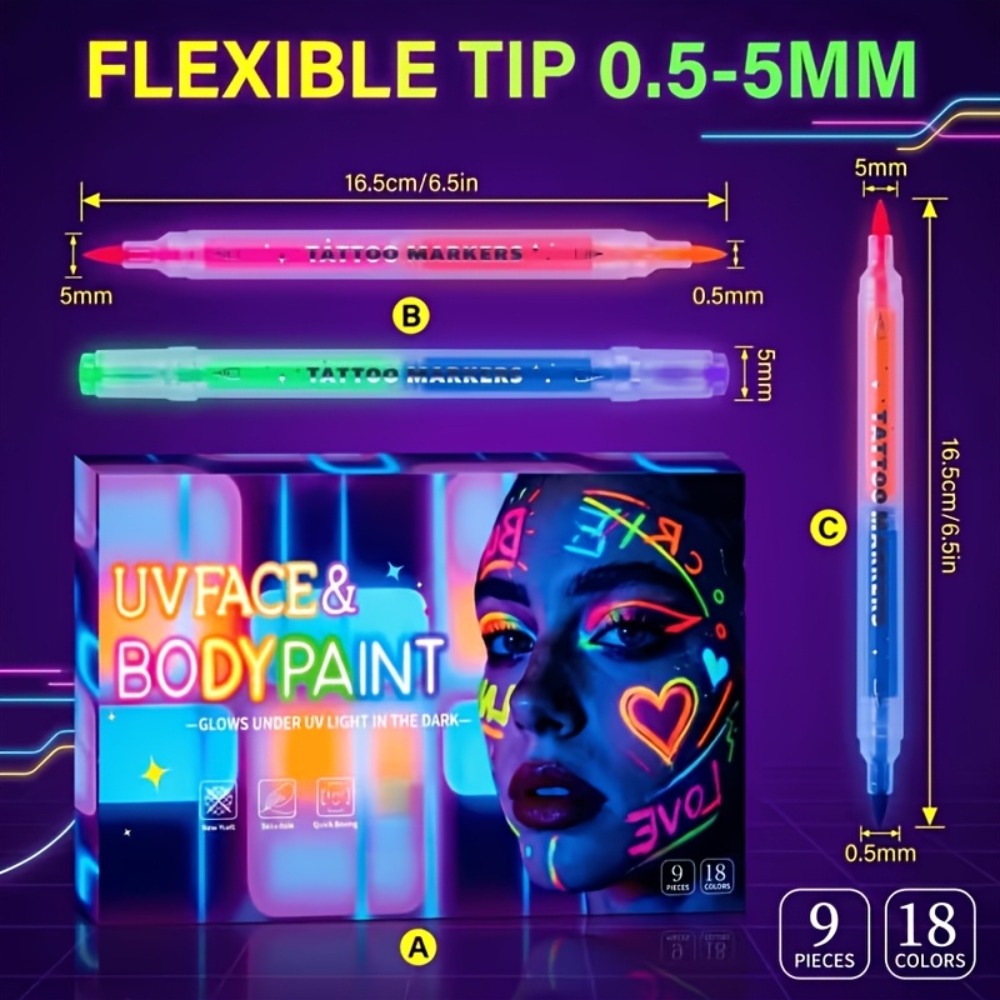 Face Body Paint Pens 18 Colors with Reusable Stencils – Washable Neon Glow in the Dark Skin-Safe Makeup Pens for Kids & Adults Parties Events Magic Shows Halloween Festivals Body Art