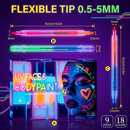 Face Body Paint Pens 18 Colors with Reusable Stencils – Washable Neon Glow in the Dark Skin-Safe Makeup Pens for Kids & Adults Parties Events Magic Shows Halloween Festivals Body Art