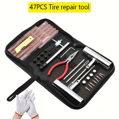 Tire Repair Tool Kit 47 / 58 / 104 / 116-Piece for Cars Motorcycles Trucks Tractors Trailers, Heavy-Duty Tubeless Tire Plug Patch Kit with Storage Bag & Gloves, No Battery Required, Roadside Emergency