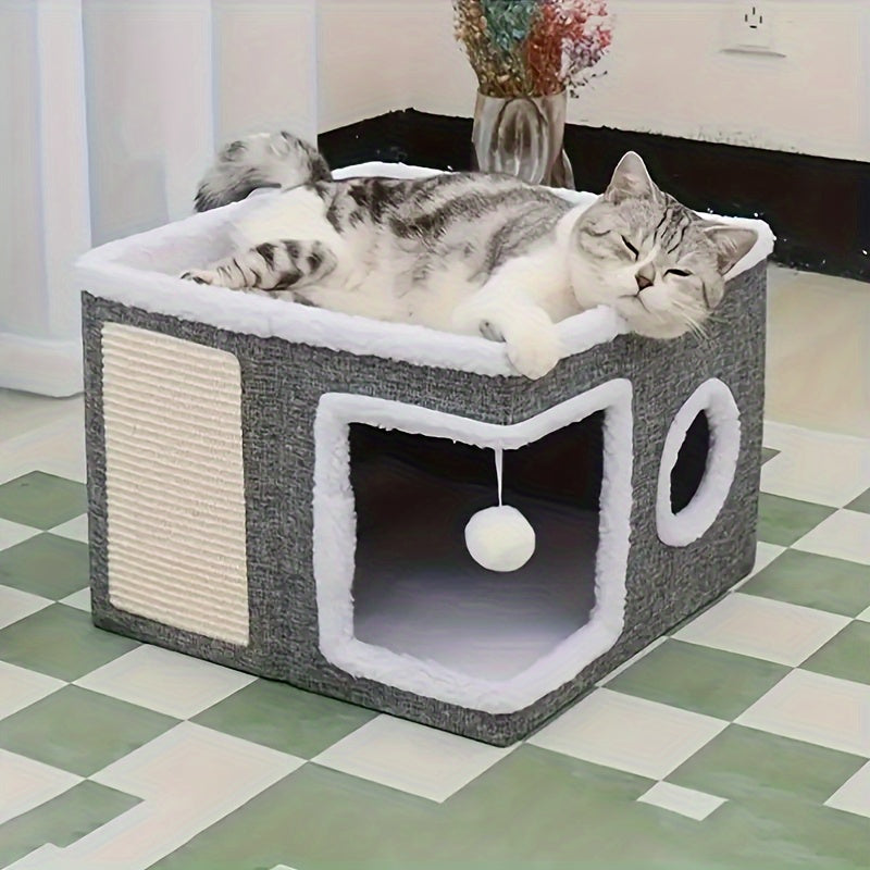 Cat House Foldable Multi-Layer 2-Tier Bed Toy Tunnel Scratching Post Plush Hanging Ball Canvas Nylon Frame All-Season Indoor Cat Cube Enclosure Gray Classic