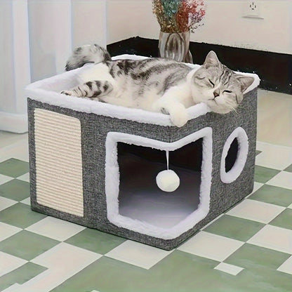 Cat House Foldable Multi-Layer 2-Tier Bed Toy Tunnel Scratching Post Plush Hanging Ball Canvas Nylon Frame All-Season Indoor Cat Cube Enclosure Gray Classic